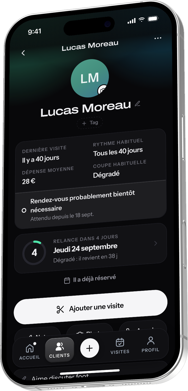 La fiche client de Lucas dans Repert : sa coupe, son rythme et le compte à rebours avant sa relance